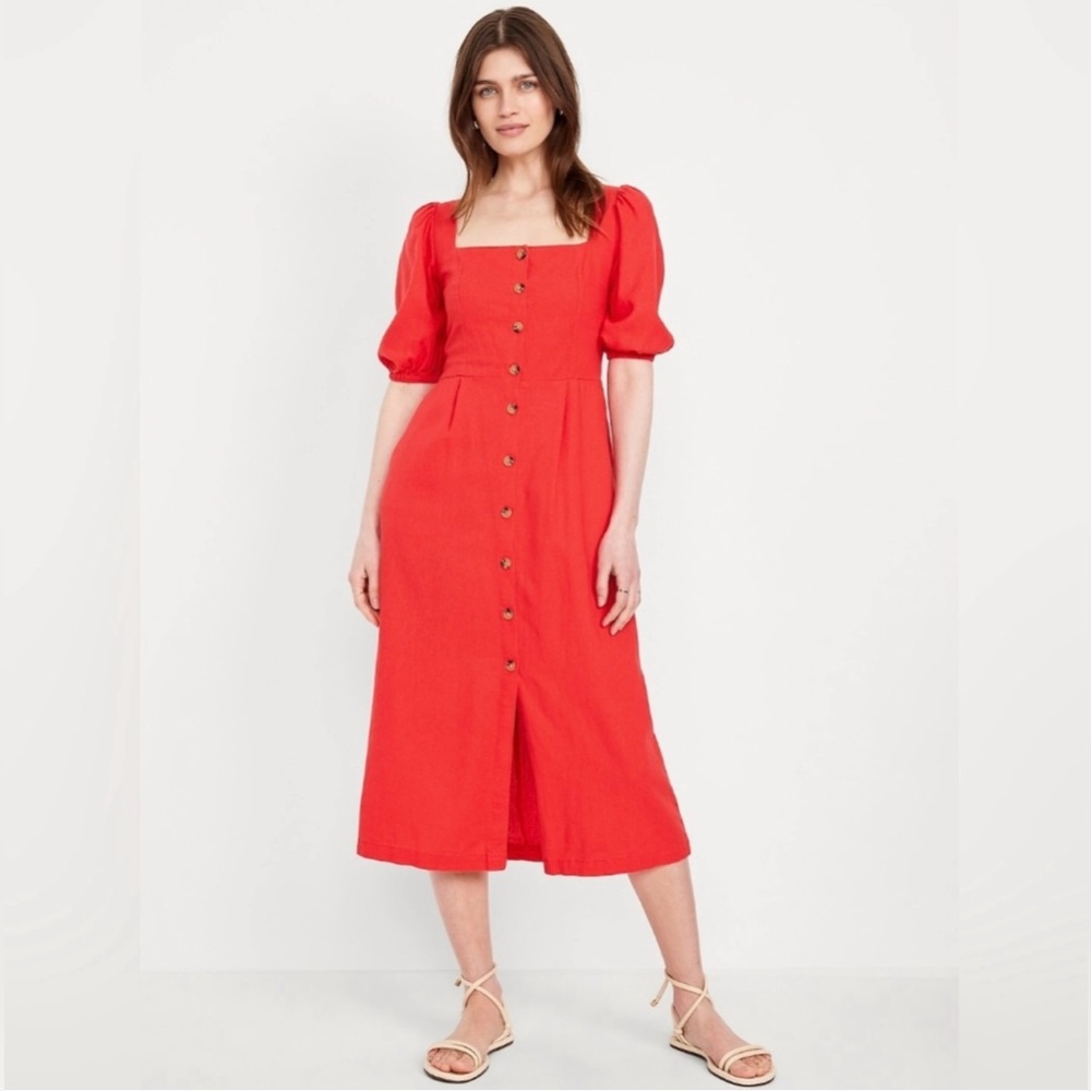 Old Navy Vibrant Red Midi Dress with Buttons